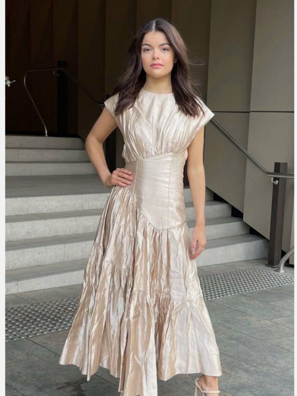 AJE Serendipity Reflection Midi Dress Champagne US 8